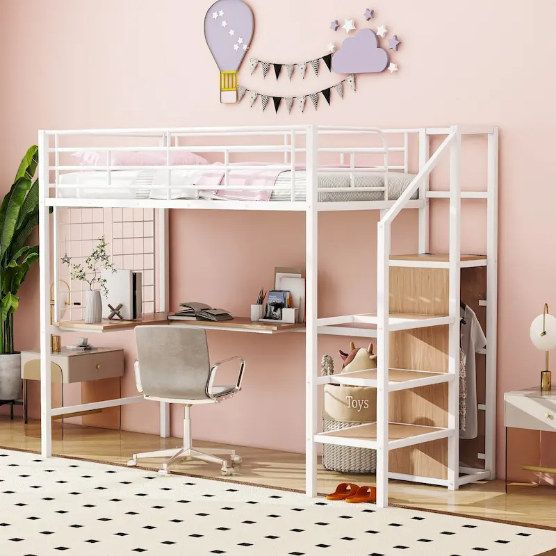 White Modern Twin Metal Loft Bed with Storage