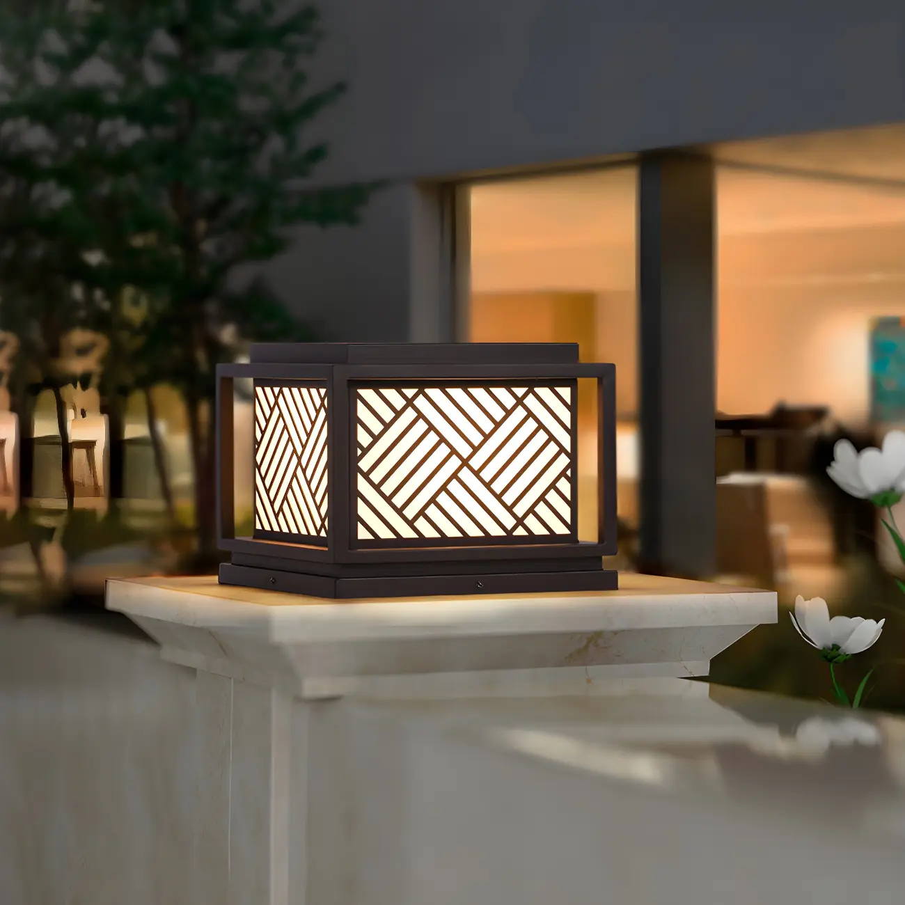 Cubic Metal Post Cap Light with Geometric Pattern Shade