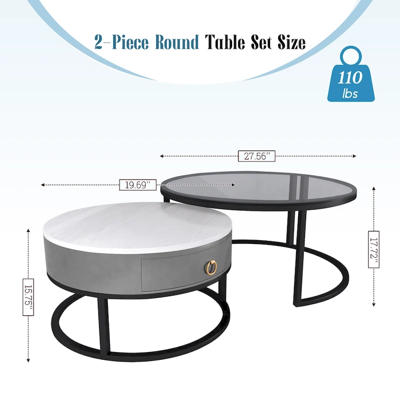Modern Glass Waterproof Round Nesting Coffee Table with Drawer