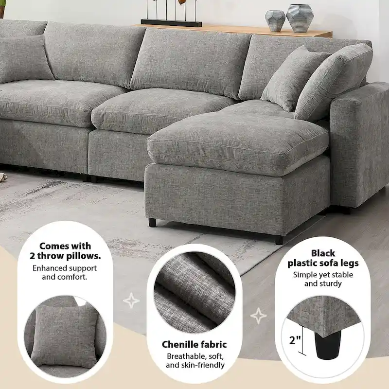 U-Shaped Modular Chenille Sectional Sleeper Sofa with Ottoman