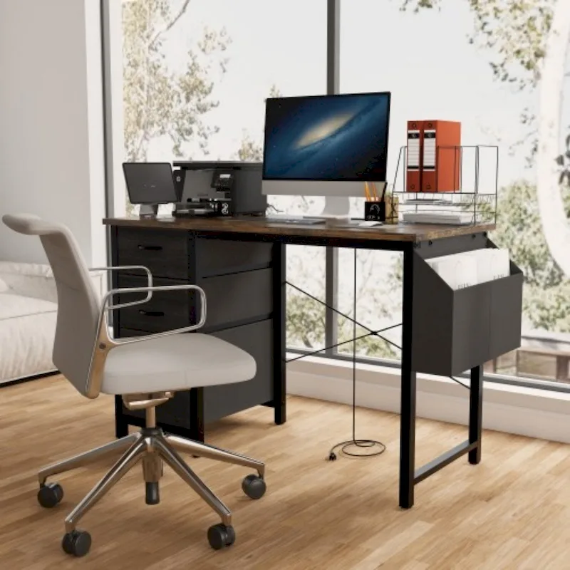 47 Office Desk, Modern Reversible Study Writing Desk Workstation With Hutch, 3 Drawers, Power Outlets And Side Pockets