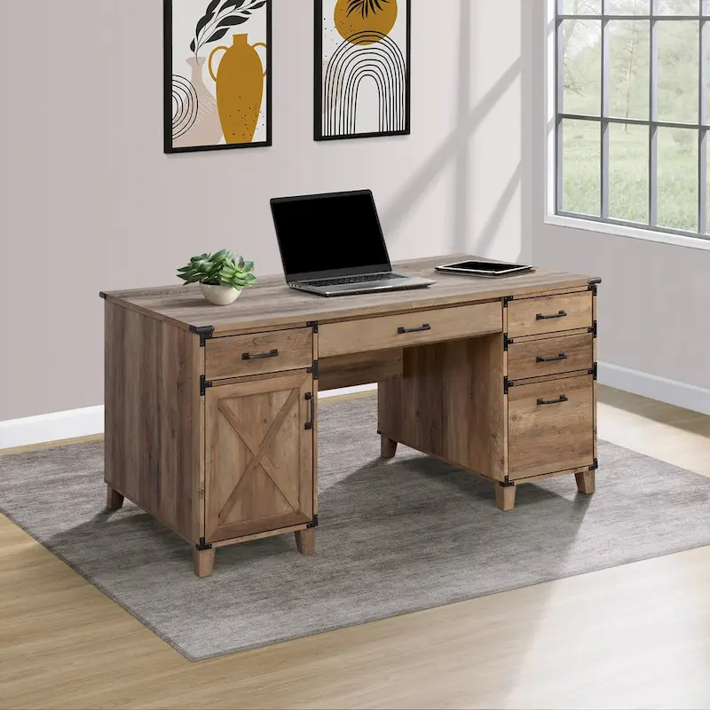 Saint Birch Farmhouse Pedestal Desk in Rustic Oak