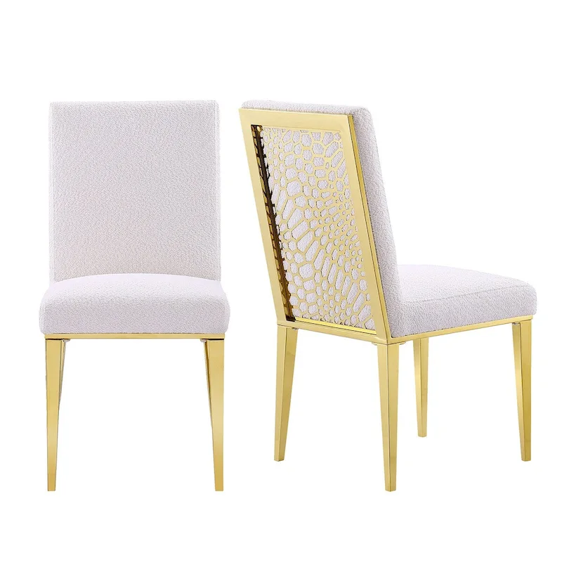 Luxurious White Boucle Dining Chairs with Polished Gold Metal Legs