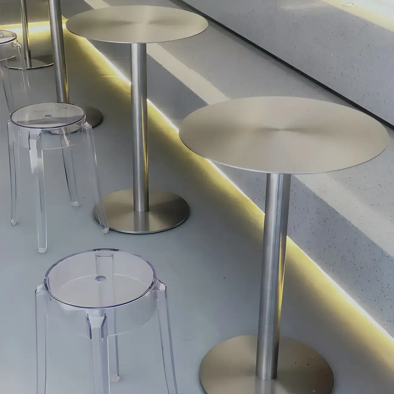 Industrial Silver Metal Pedestal Round Bar Tables