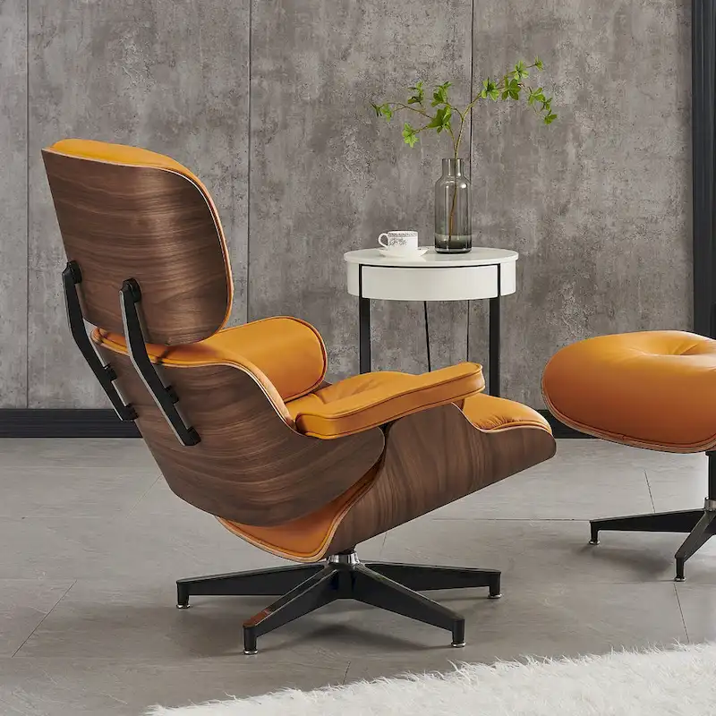 Mid-century Modern PU High-back Swivel Lounge Chair with Ottoman for Living Room and Bedroom