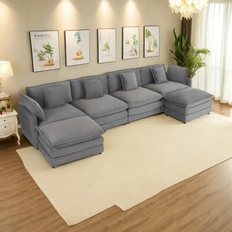 6-Piece 149.6 Corduroy Upholstered U-Shaped Modular Sectional Sofa with Side Storage Pockets