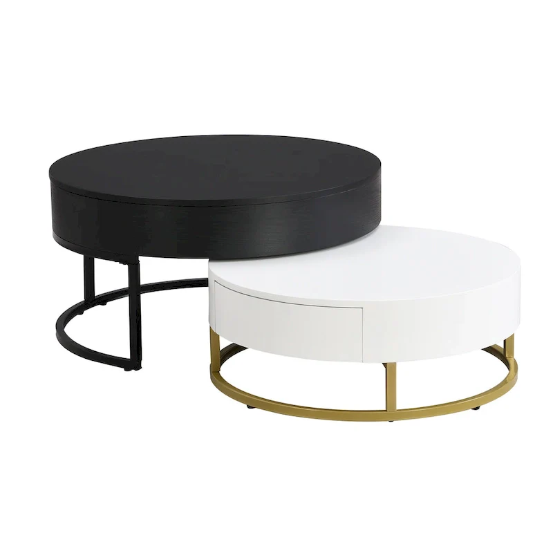 Modern Round Lift-top Nesting Coffee Tables with 2 Drawers