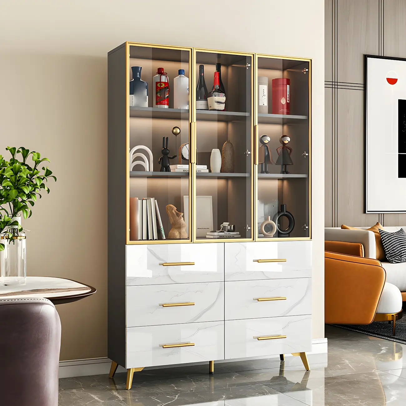 Modern Gold White Marble-Textured Wood Glass Versatile Cabinet