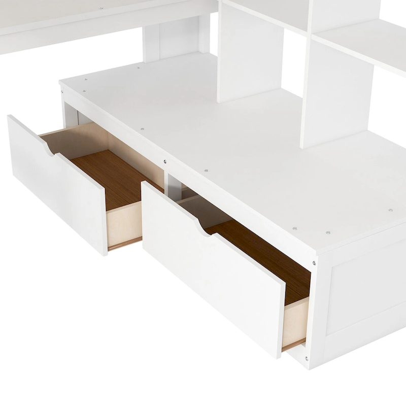 White Full Solid Wood Loft Bed with Desk & Drawers