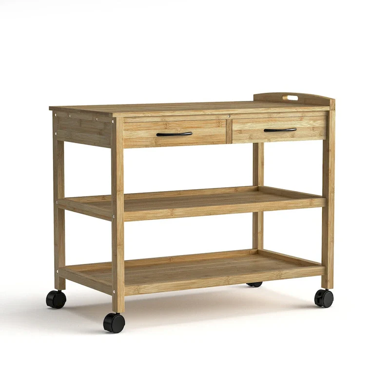 Furniture of America Lux Contemporary Natural Bamboo Kitchen Island Storage Cart with 2 Drawers and 2 Shelves
