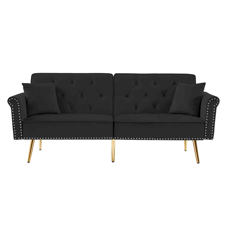 Velvet Tufted Sofa Couch with 2 Pillows and Nailhead Trim