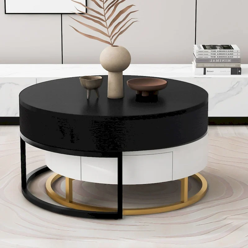 Modern Round Lift-top Nesting Coffee Tables with 2 Drawers