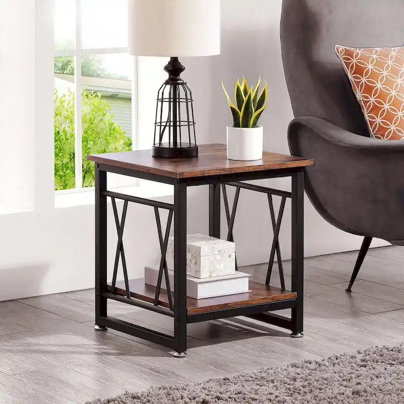 Ledel Industrial Wood Side Table End Table with Storage Shelf