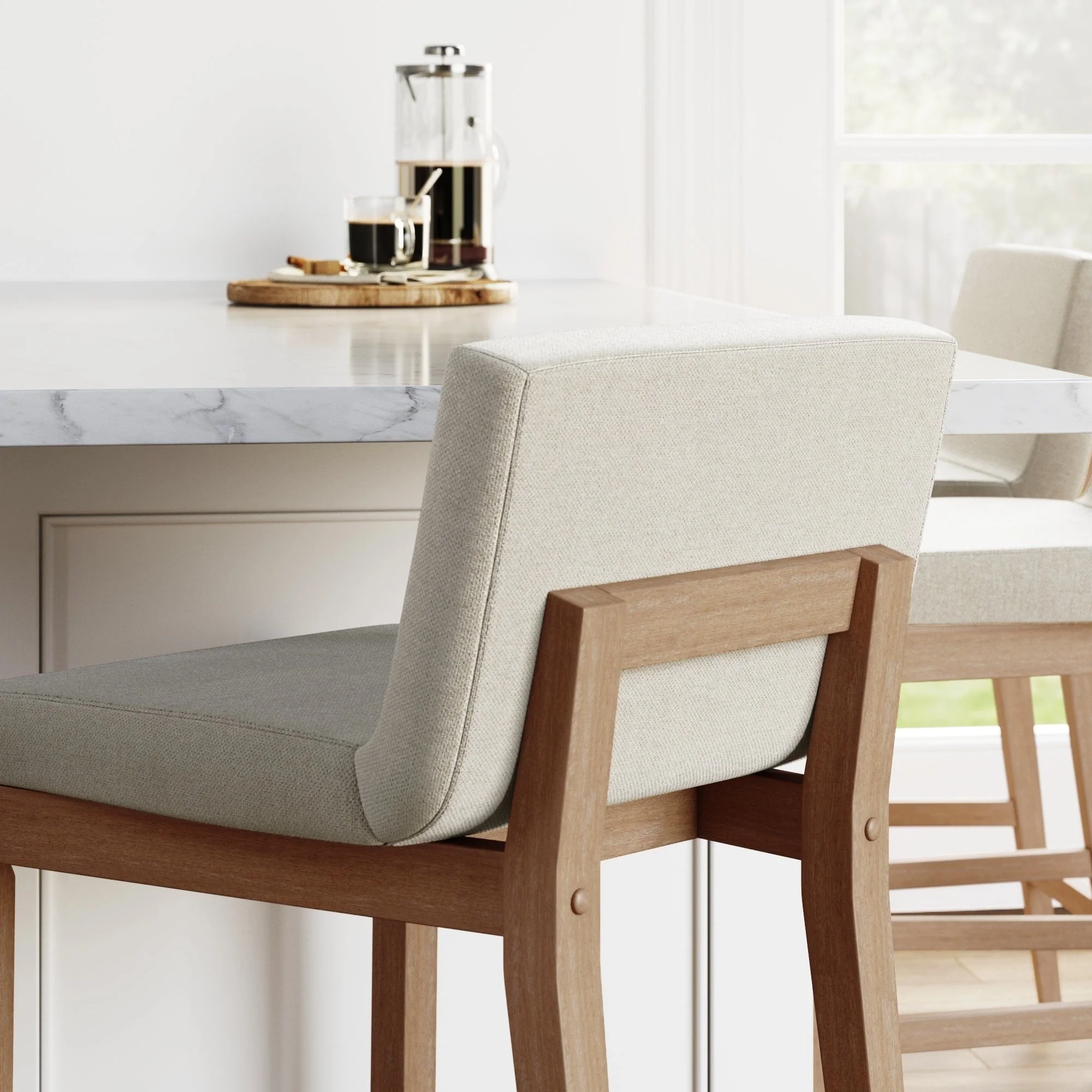 Gracie Modern Bar Stool, Boucle Upholstered Chair and Brushed Wooden Legs