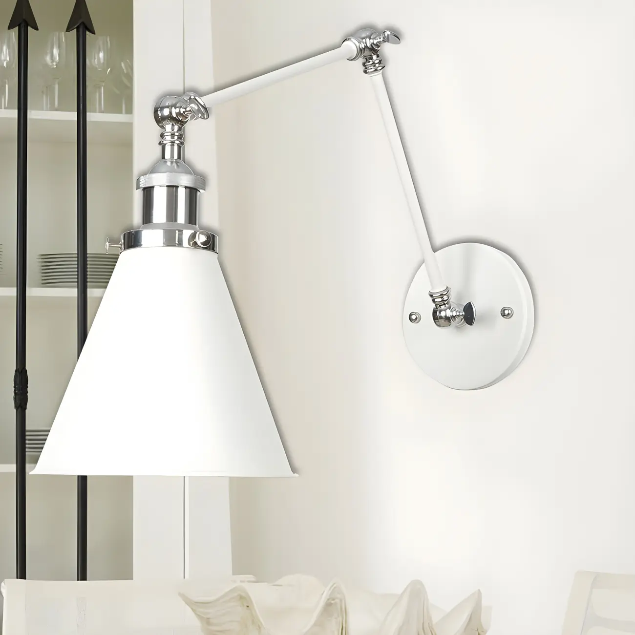 White Metal Adjustable Swing Arm Wall Light with Different Shade