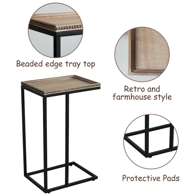 COZAYH Farmhouse C Table End Table, Distressed Beaded Edge Tray Top Side Table