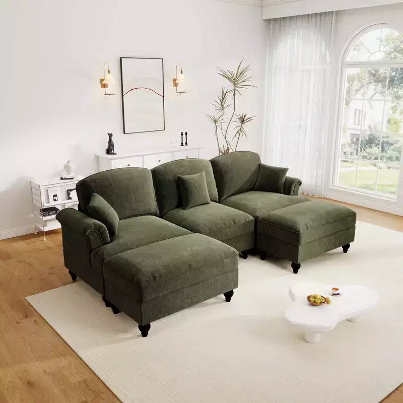 MooxvMoo 107in Chenille Midcentury Modern Sofa U Shaped Couch, with Detachable Ruffle Hem, Sectional Couches W/ Throw Pillows & 2 Ottoman, Green