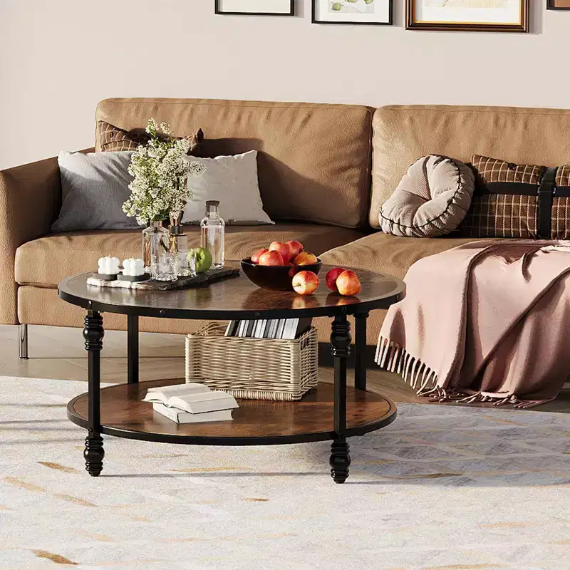 COZONY Round 2-Tier Rustic Coffee Table with Wood Top & Sturdy Roman Column Metal Legs, Easy Assembly Living Room Center Table
