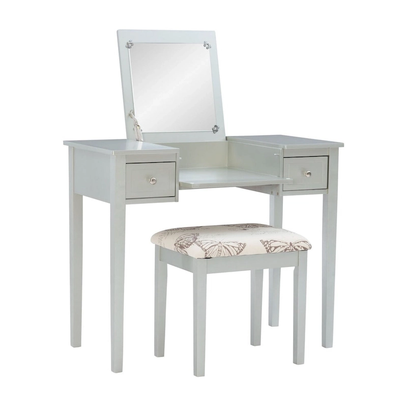36 Silver Solid Vanity Set with Mirror and Upholstered Stool