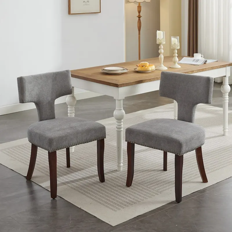 Modern Dining Chairs Set of 2, Linen Fabric Upholstered Accent Chair Curved Backrest Kitchen Chairs with Rubberwood Frame