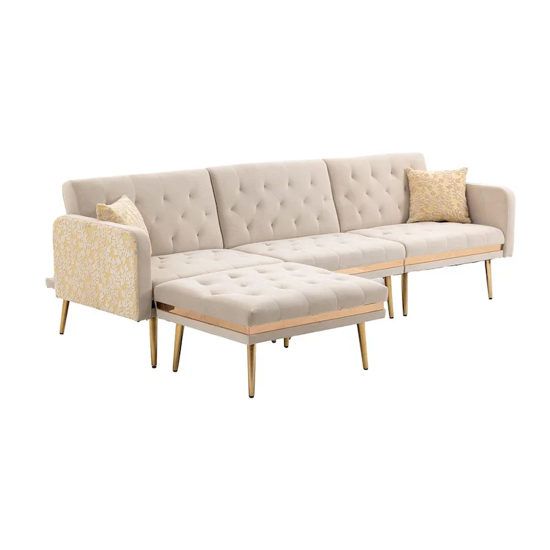 Polyester Upholstered Tufted Sleeper L-Shaped Sectional Sofa With Ottoman