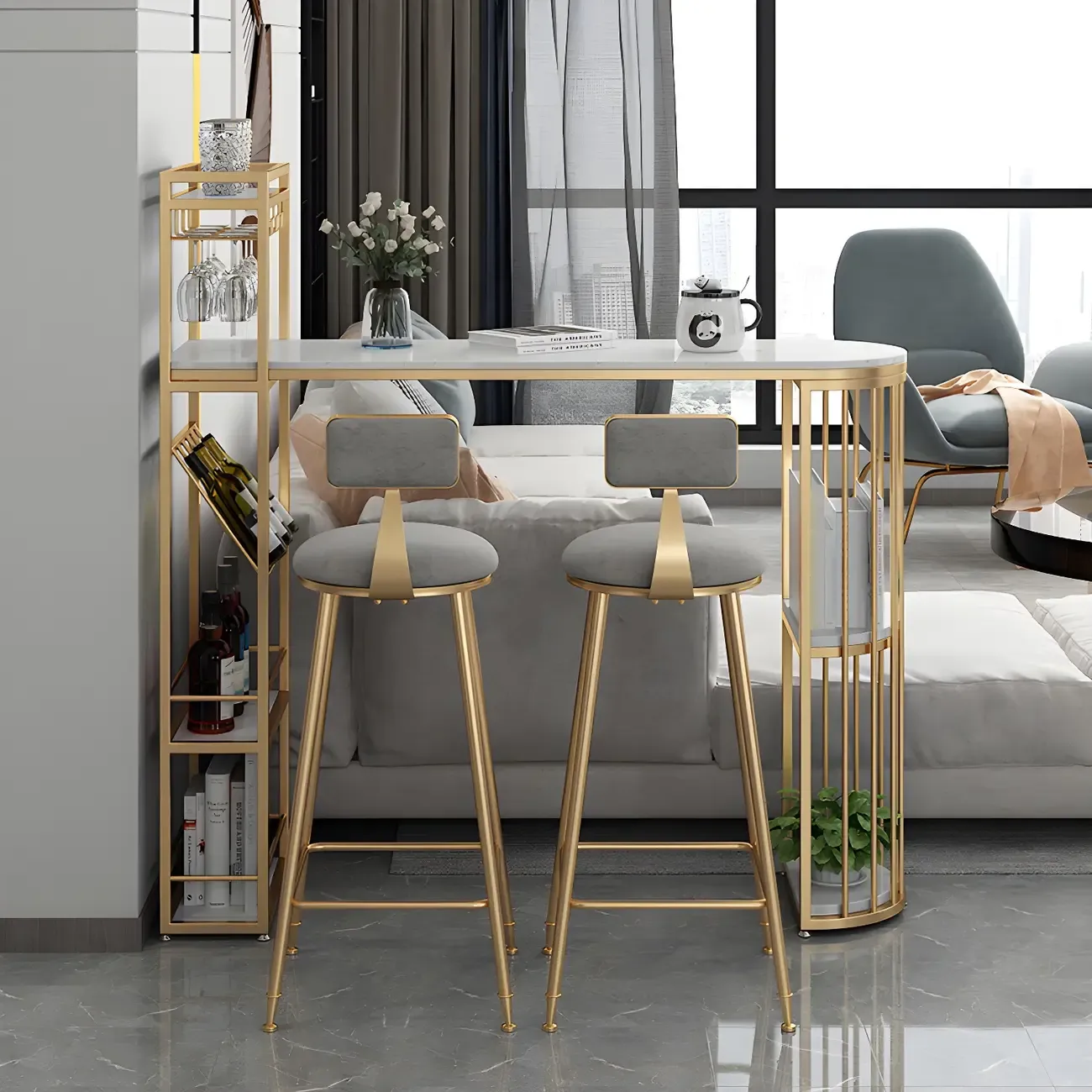 Glam Gold Faux Marble Iron Wine Holder Bar Tables