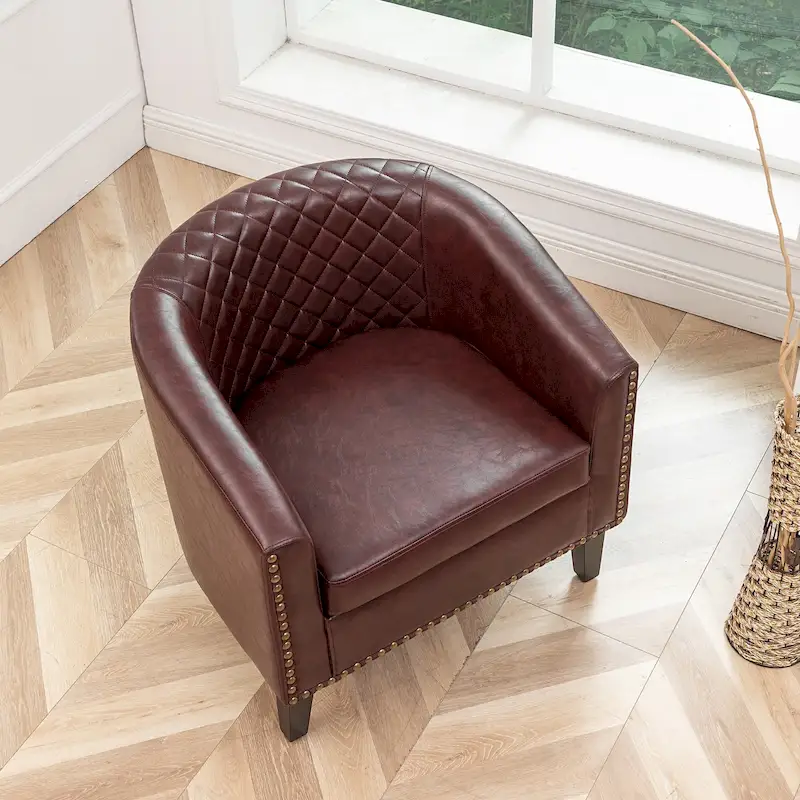 KINWELL PU Leather Tufted Barrel Chair Club Armchair with Nailheads