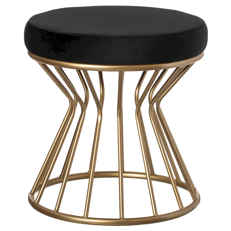 Round Velvet Ottoman Stool, Gray/Black, Gold Metal Base, Modern, 17.75" Dia x 18"H