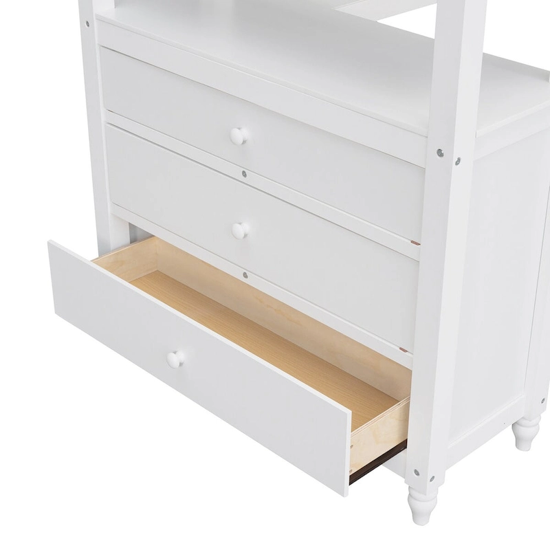 White Twin Solid Wood Loft Bed with Drawers Chest, Desk, Shelves