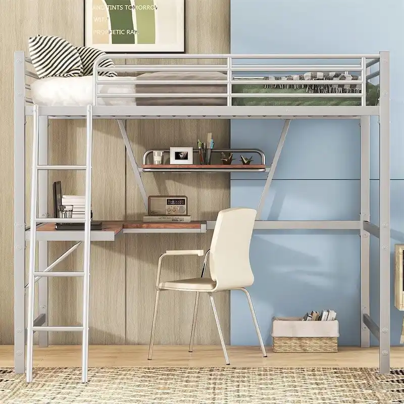 Merax Metal Loft Bed with L-shaped Desk and Shelf