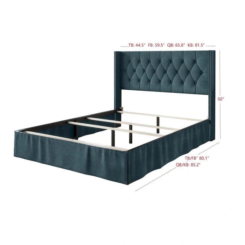 Tufted Upholstered Panel Bed, Wingback Headboard, Nailhead Trim, Seats 2, Grey/Black/Beige/Denim Blue, Twin/Full/Queen/King