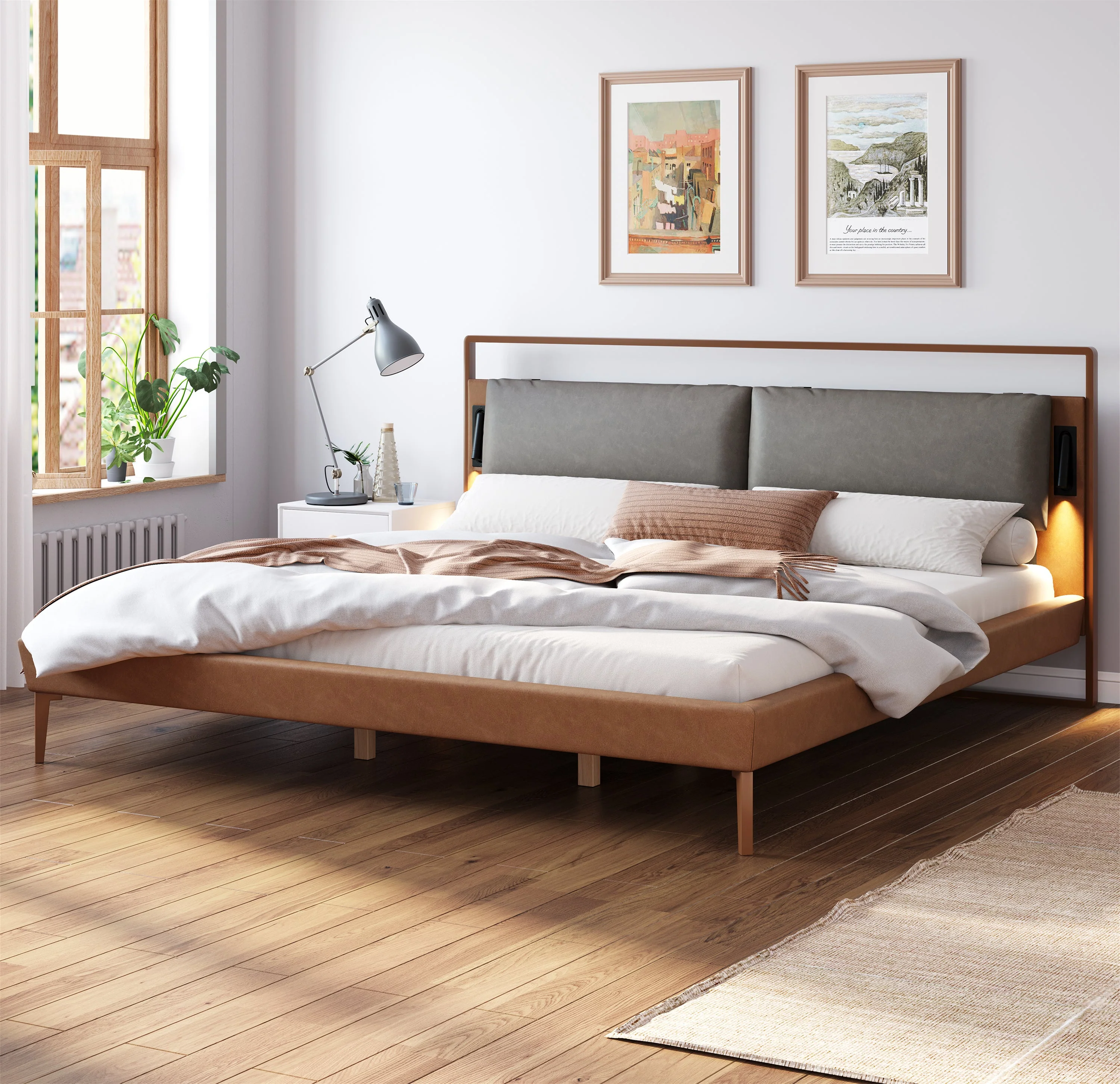 Faux Leather Upholstered King Bedframe with Night Lights