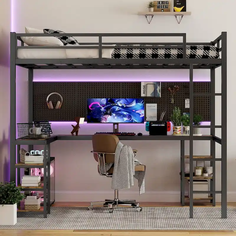 Black Full XL Size Metal Loft Bed with Desk and Shelves, Ladder, and Guardrails