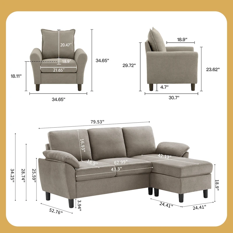 3-Piece Living Room Sectional Sofa Set with Chair and Ottoman