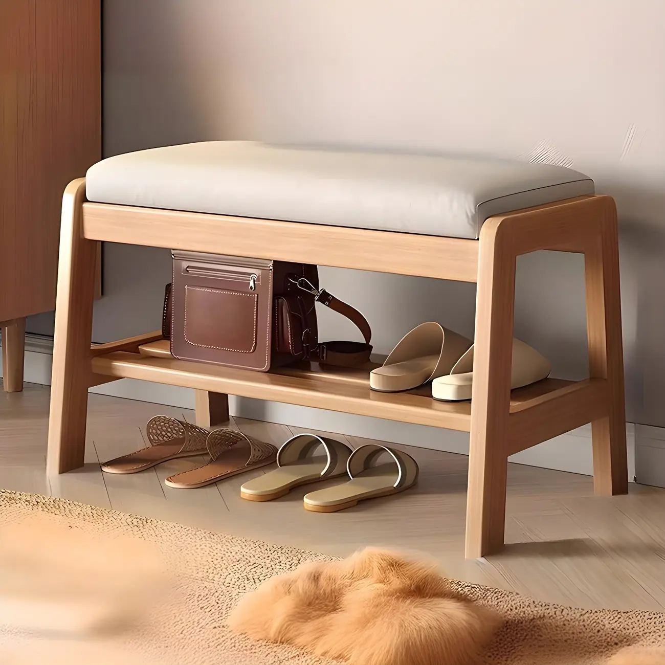 Entryway Solid Wood Cushioned Trapezoid Shoe Bench