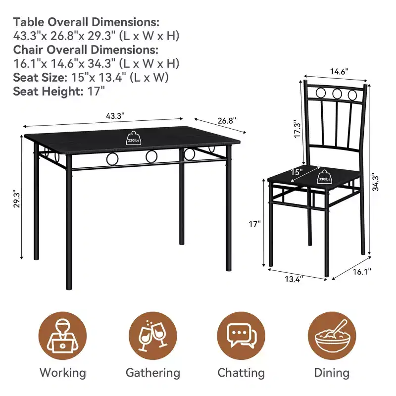 Dyonery Dining Table Set for 4 with 1.6 Thick Tabletop, 5-Piece Kitchen Table Set, Space-Saving Dining Room Kitchen Table Chair Set