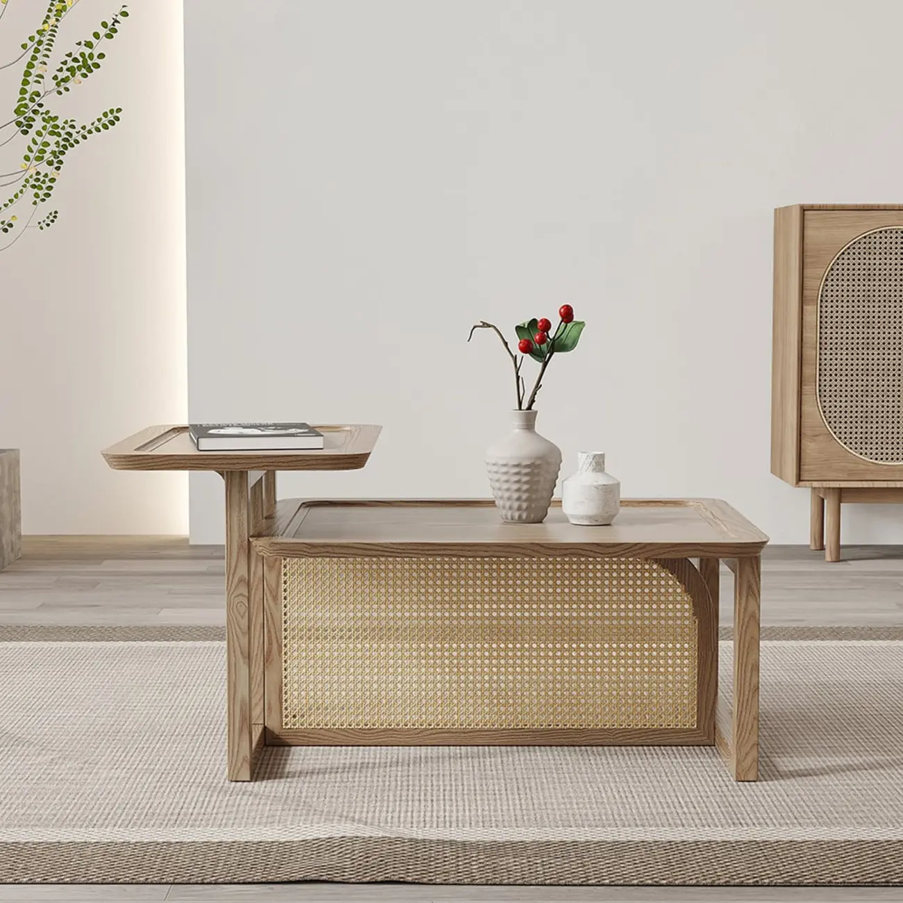 Rectangle Wooden Rattan Coffee Table Set in Natural Finish
