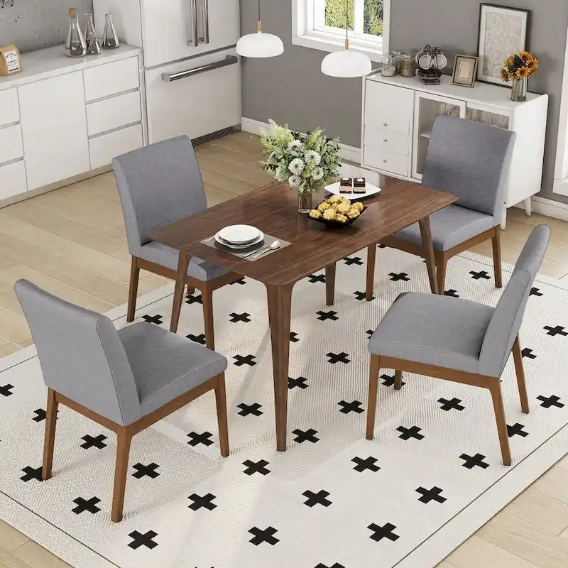 5 Piece Dining Table and Chair Set, Wooden Kitchen Furniture Set with Rectangular Table and 4 Upholstered Chairs