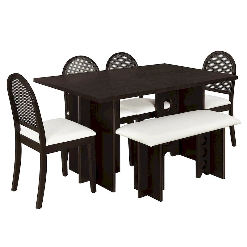 Modern Double Pedestal 6-Piece Dining Table Set with 4 Dining Chairs & 1 Bench