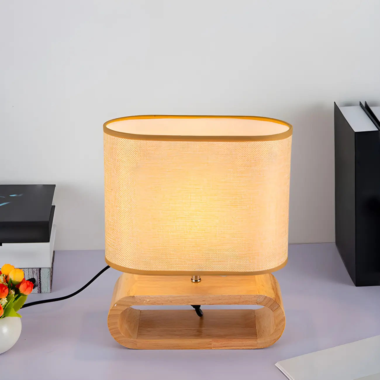 Bedside Wood LED Plug In Table Lamp in Fabric Shade