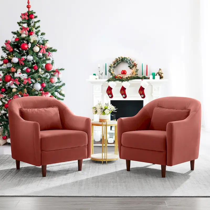 28.34W Set Of 2 Accent Armchair, Velvet Barrel Chair with Solid Wood Legs