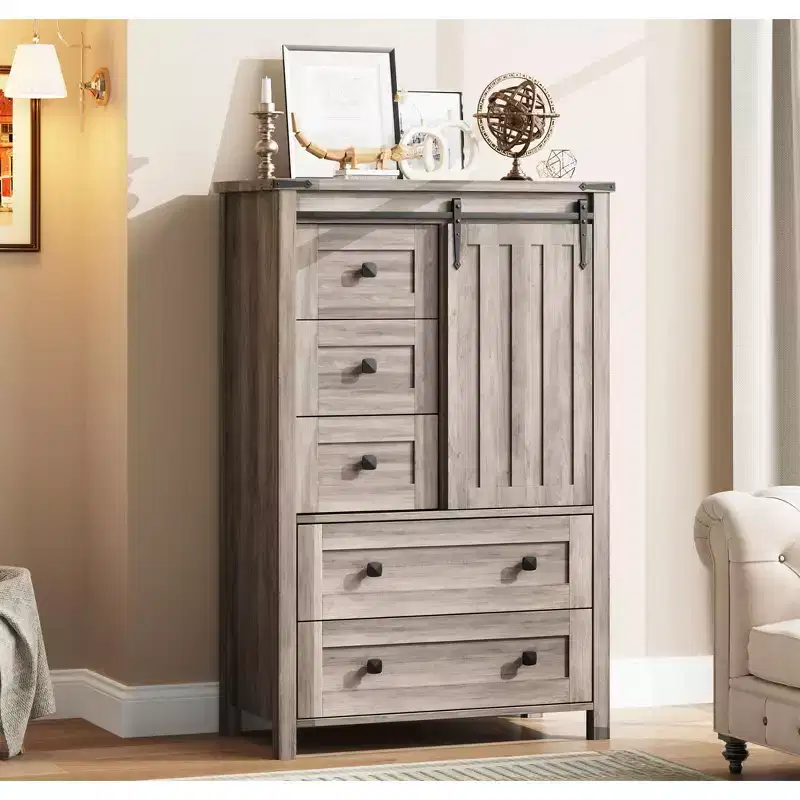 White 5-Drawer Tall Dresser with Sliding Barn Door, 1-Person Use