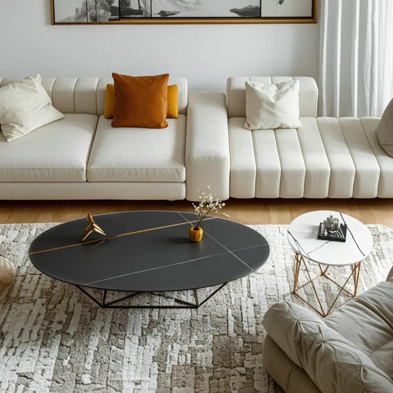 Stylish Metal Black Oval Coffee Table with Geometric Base