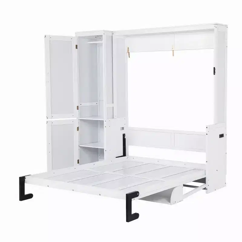 White Queen Murphy Bed with Wardrobe & Desk, 2–3 Person Assembly