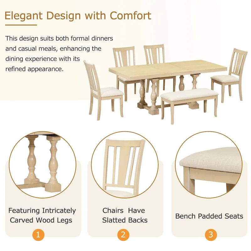 6-Piece Traditional Dining Set with Extendable Table & Chairs