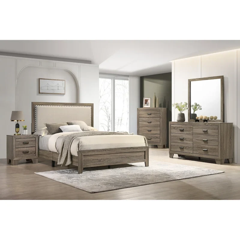 Linette 6 Piece Grey Contemporary Solid Wood And Veneers Fabric Panel Upholstered Bedroom Set