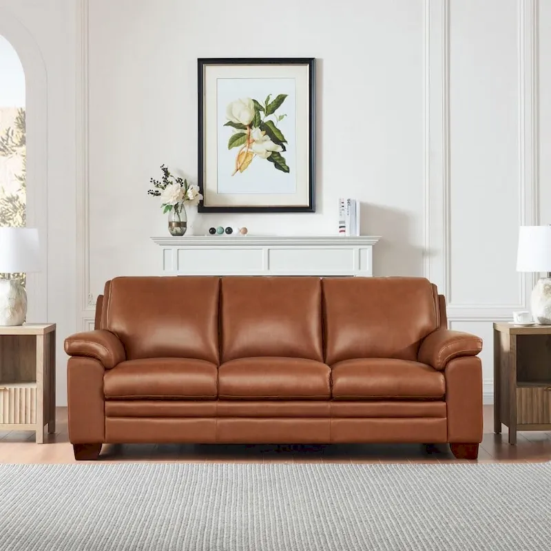 Top Grain Leather Sofa, Kiln-Dried Wood Frame, Pocketed Coils, Chestnut, Seats 3, 84