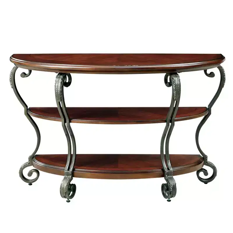Telmin Traditional Sofa Table Brown Cherry: Entryway Half Moon with Open Shelf