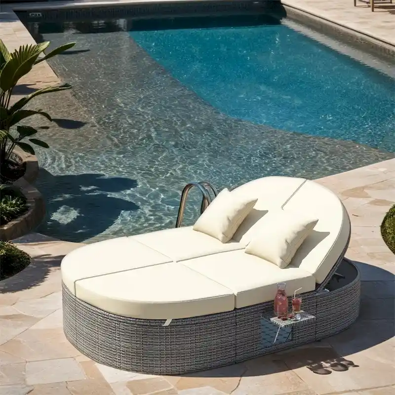 Outdoor Rattan Daybed with Adjustable Backrests and Foldable Cup Trays
