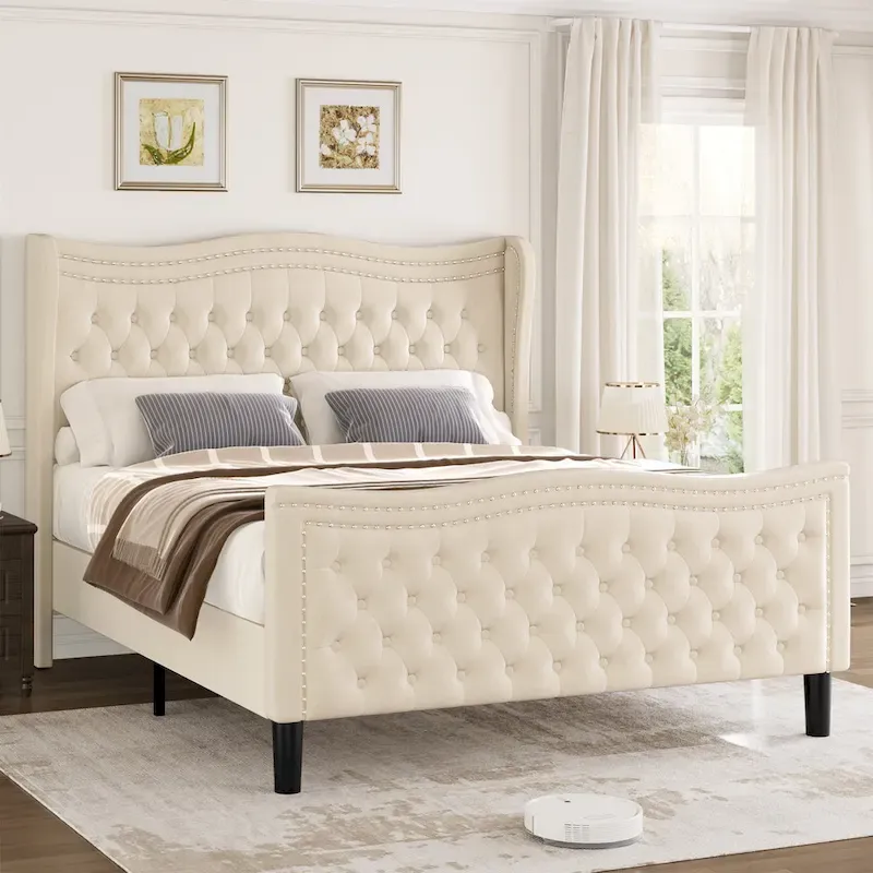 Modern Style Velvet Platform Bed with Upholstered Headboard for Bedroom